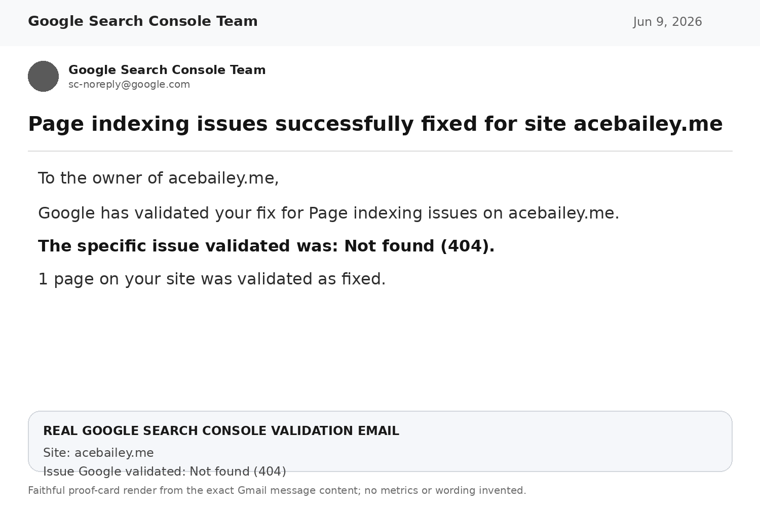 Google Search Console validation email confirming a not found 404 issue was fixed on AceBailey.me