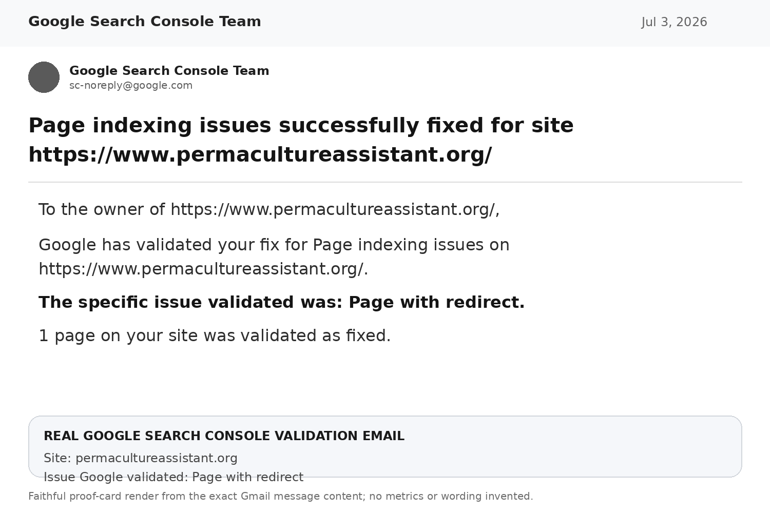 Google Search Console validation email confirming a page redirect issue was fixed on PermacultureAssistant.org