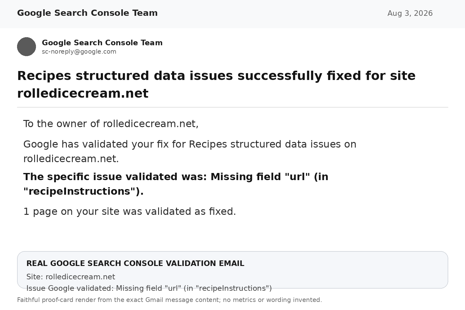 Google Search Console validation email confirming a recipeInstructions URL issue was fixed on RolledIceCream.net